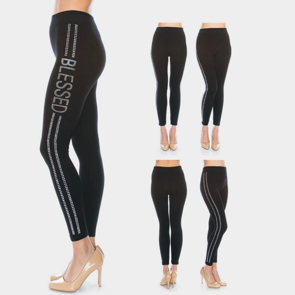 Rhinestone Blessed Black Leggings One Size - Picture 1 of 2